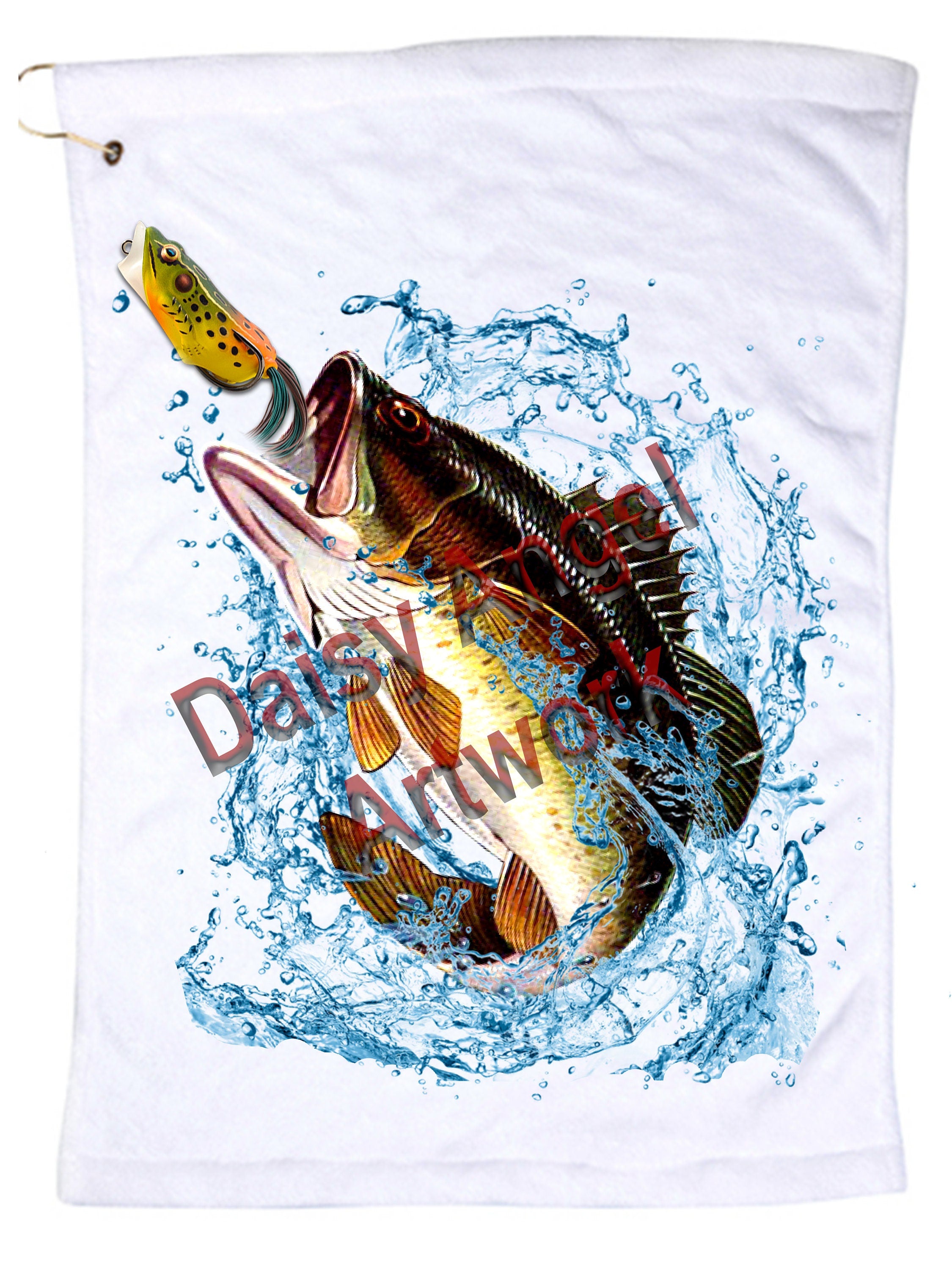 Fishing Microfiber Hand Towel w/Grommet and Hook with Bass Jumping Out of Water